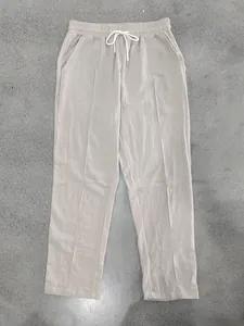 Beigefarbene Herren-Leinenhose mit elastischem Kordelzug und geradem Beinschnitt