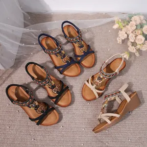 Elegant Bohemian wedge sandals featuring rhinestone and beaded details in multiple colors
