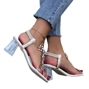 Elegant women's transparent chunky heel sandals with sparkling crystal flower decorations