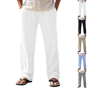 Herren Casual Leinenhose Atmungsaktiv Sommer Strandhose Locker Gerade Schnitt Kordelzug Leichte Urlaub Mode Hose
