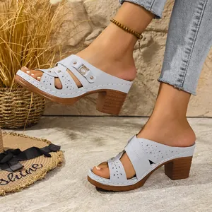 Stylish light blue high heel platform peep toe mules with cutout design for summer