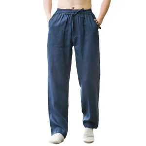 Men's lightweight linen casual wide-leg trousers in deep blue
