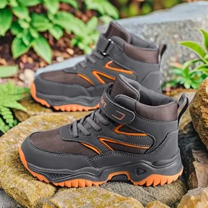 High-top outdoor hiking shoes for boys in grey and orange colorway