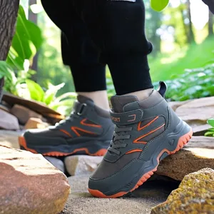 Professional high-top outdoor hiking shoes for boys with durable grey and orange design