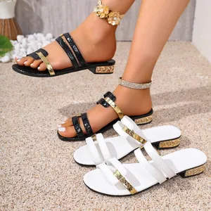 Women Synthetic Leather Snake Pattern Color Block Sandals European American Fashion Summer Flat Slides Metal Decor Slippers
