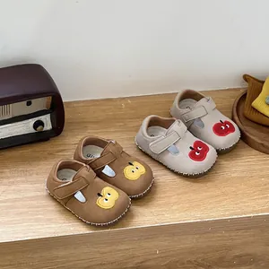 Zapatos de Primeros Pasos para Bebé Bordado de Manzana de Dibujos Animados Suela Blanda Cuero de Microfibra Velcro Zapatos Planos Casuales