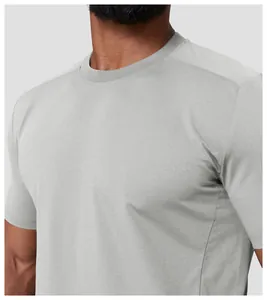 Close-up of men's crew neck athletic t-shirt showing collar and fabric texture