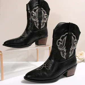 Black western cowboy ankle boots with vintage embroidery and block heel