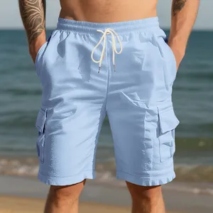 Pantaloncini cargo da uomo in lino azzurro traspiranti con coulisse e tasche laterali