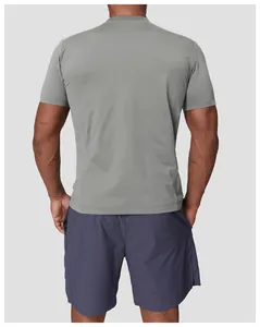 Back view of men's grey quick-dry sports T-shirt with crew neck and short sleeves