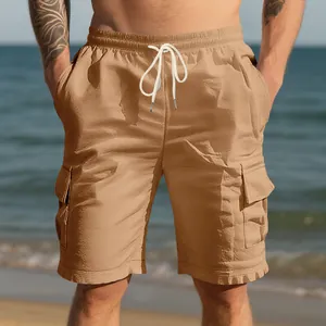 Pantaloncini cargo casual color kaki da uomo con coulisse e ampie tasche laterali