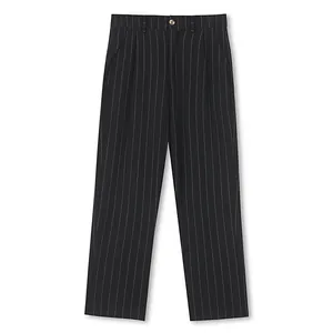 Detail view of men's vintage-style vertical striped straight-leg casual trousers in black