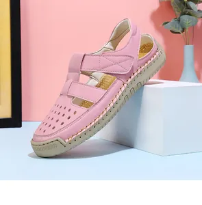 Side view detail of pink leather closed-toe cutout sandal for women summer fashion