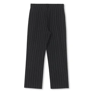 Back view of men's black pinstripe trousers featuring a relaxed straight leg fit.
