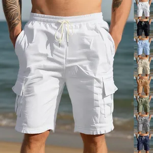 Pantaloncini Cargo Casual da Uomo in Lino Traspiranti Estivi da Spiaggia Jogging Fondo Largo Multitasche Coulisse