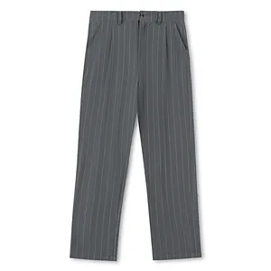 Detailed view of grey pinstripe linen pants featuring a straight-leg cut and soft texture