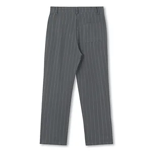 Back view detail of men's grey pinstriped linen trousers featuring a rear pocket.