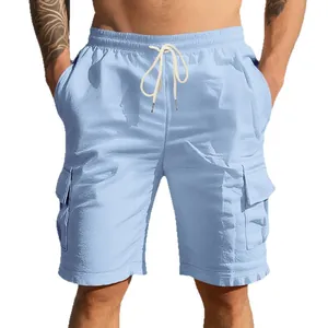 Pantaloncini cargo da uomo in lino traspirante celeste con coulisse e tasche laterali