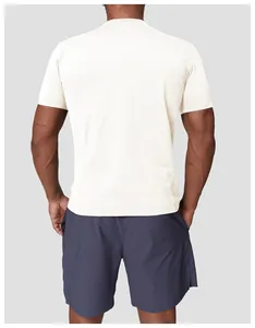 Back view of a men's off-white moisture-wicking quick-dry sports t-shirt for outdoor activities