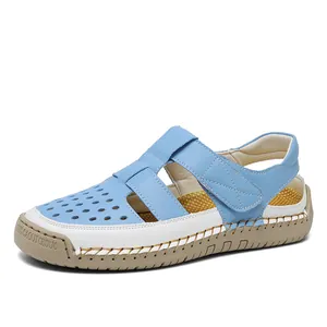Breathable light blue hollowed-out closed-toe sandals for women summer beach.