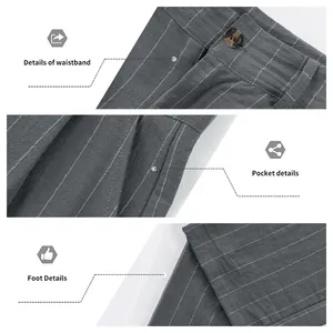 Macro detailed views of men's gray pinstripe linen pants waistband, pocket, and bottom hem.