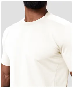 Detailed view of the crew neckline on a men's moisture-wicking quick-dry cream T-shirt