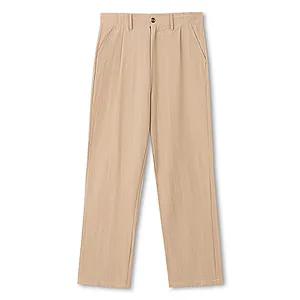 Close-up detail of khaki striped linen trousers for men featuring a straight leg cut