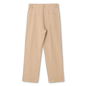 Detailed back view of men's beige striped linen casual trousers featuring a single rear pocket