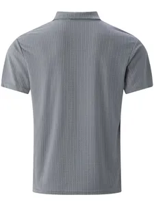 Back view of a gray men's knit Polo shirt with a subtle small grid texture pattern.