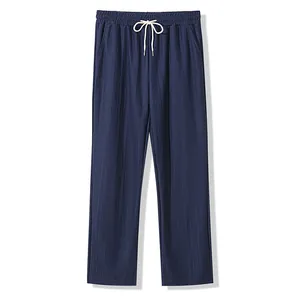 Pantalon décontracté bleu marine pour homme avec cordon et texture effet lin léger