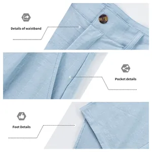 Close-up details of men's blue linen trousers waistband, side pocket and leg hem.