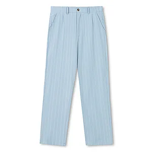Front view of men's light blue pinstripe linen straight-leg trousers in a minimalist style.