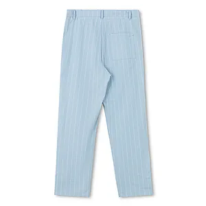 Back view of men's light blue striped linen casual trousers with straight leg design