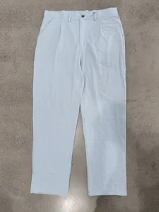 Light blue pinstriped linen-look casual trousers for men in a straight leg style