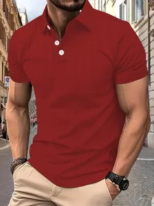 Detailed view of a red men's short-sleeved polo shirt featuring a subtle grid texture design