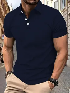 Close-up detail of a navy blue waffle knit polo shirt featuring stylish white buttons on a model