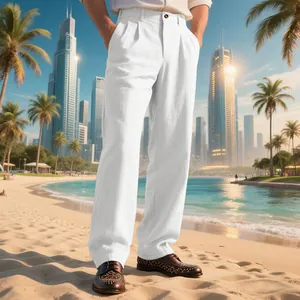 Gros plan d'un pantalon en lin blanc respirant pour homme avec taille à pinces