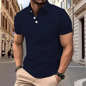 Men's casual navy blue short-sleeve knit polo shirt with fine texture and white buttons.