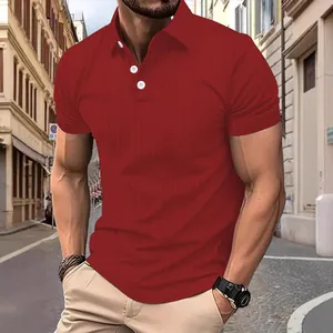 Stylish men's red knitted polo shirt with small checkered pattern and classic lapel collar