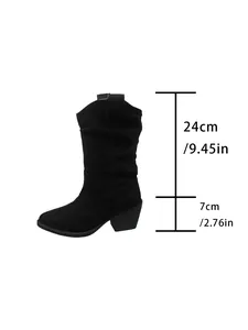 Vue détaillée de bottes western noires pour femmes avec des mesures précises de hauteur