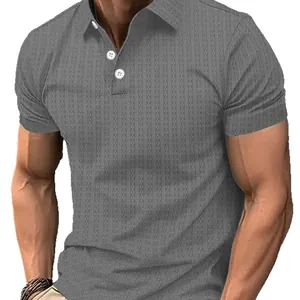 Slim fit men's grey knitted short sleeve polo shirt with elegant textured plaid pattern