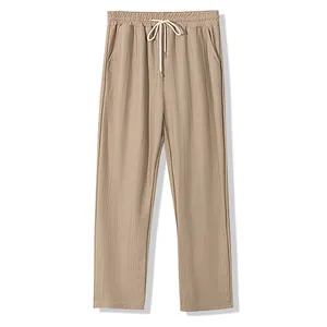 Pantalon décontracté pour hommes en faux lin fin à carreaux avec cordon de serrage