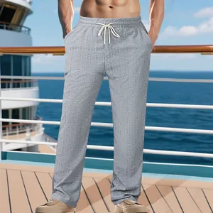Pantalon de plage gris pour homme aspect lin avec cordon de serrage sur le pont