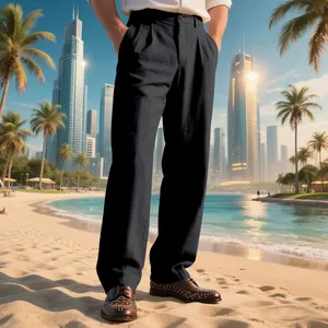Pantalon décontracté en lin noir pour homme, coupe droite ample avec plis