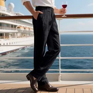 Pantalon décontracté en lin noir pour homme, coupe droite ample pour un look de croisière