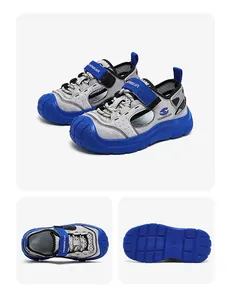 Detailed multi-angle views of boys' breathable blue mesh sports sandals with non-slip soles