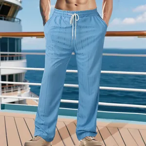 Pantalon de plage décontracté pour hommes bleu clair avec texture à carreaux et cordon de serrage