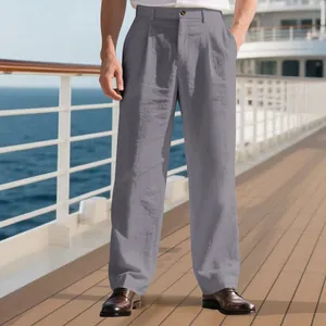 Pantalon décontracté en lin gris pour homme, coupe droite et ample pour l'été.