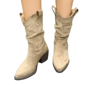 Bottes de cowboy Western rétro à bout pointu, mi-mollet plissées avec talon bloc, daim beige.