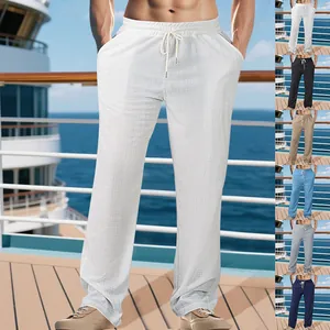 Pantalon Décontracté Homme Été Mince Aspect Lin à Carreaux Ample Plage Pantalon de Jogging Droit avec Cordon Taille Élastique